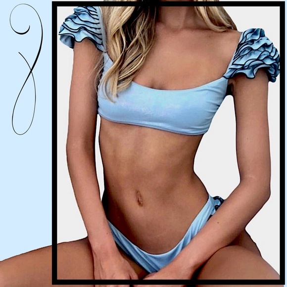 Layered Ruffled Shoulders Light Blue Bikini NWT - Picture 10 of 13